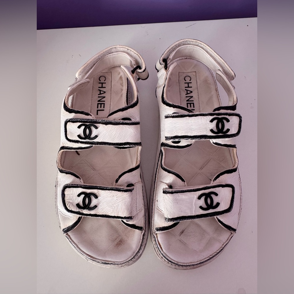 Chanel White Dad Sandals with Black Trim - Picture 14 of 14